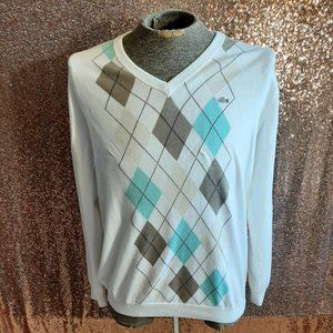 Lacoste Men's White Geometric Pattern Cotton V-Neck Sweater Size 6 -XL
